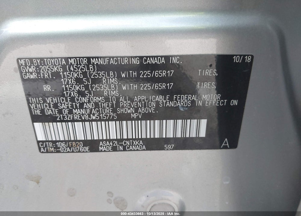 2018 TOYOTA RAV4 LE VIN: 2T3ZFREV8JW515775