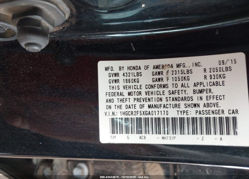 2016 HONDA ACCORD SPORT VIN: 1HGCR2F5XGA017170