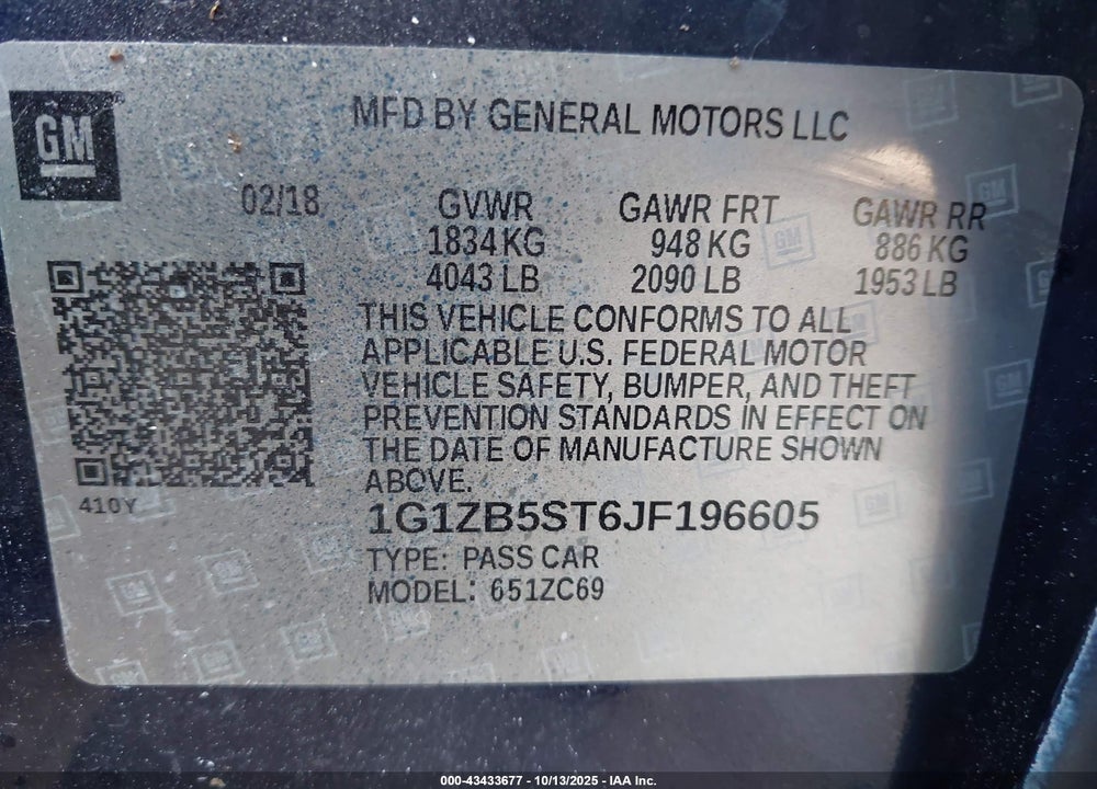 2018 CHEVROLET MALIBU VIN: 1G1ZB5ST6JF196605