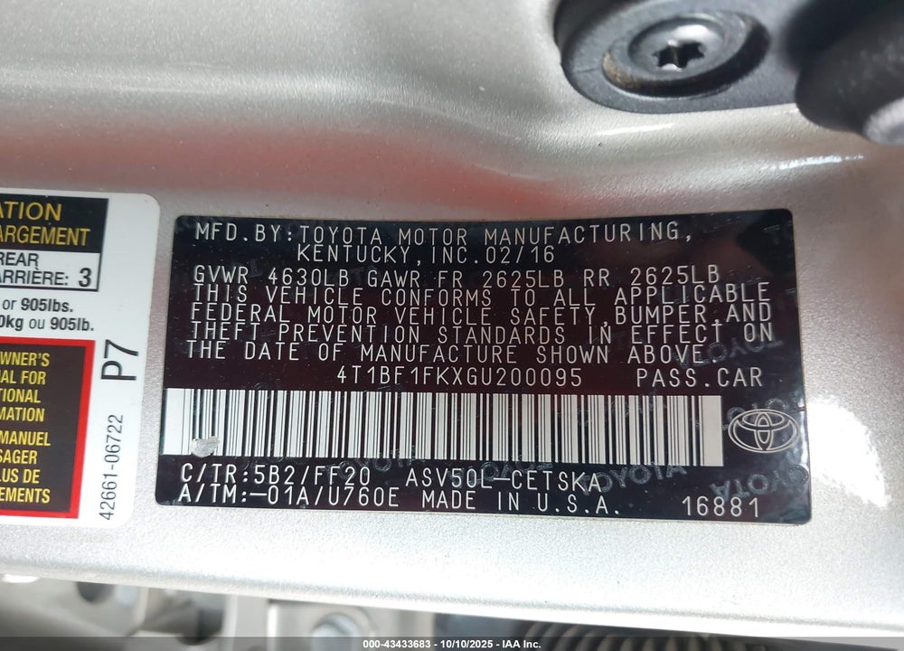 2016 TOYOTA CAMRY VIN: 4T1BF1FKXGU200095