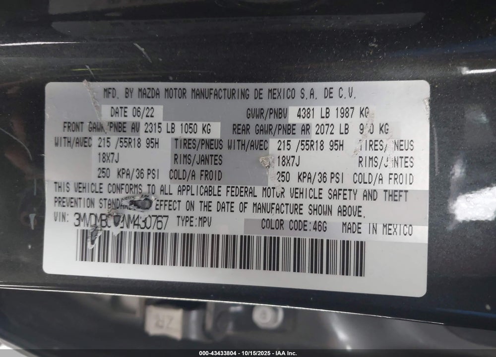 2022 MAZDA CX-30 VIN: 3MVDMBCL2NM430767