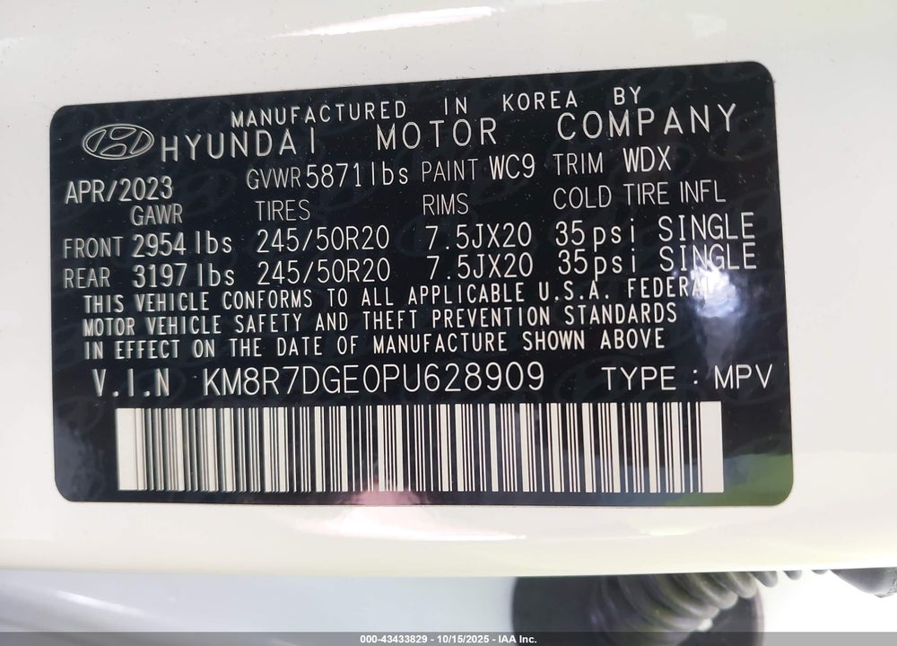 2023 HYUNDAI PALISADE VIN: KM8R7DGE0PU628909