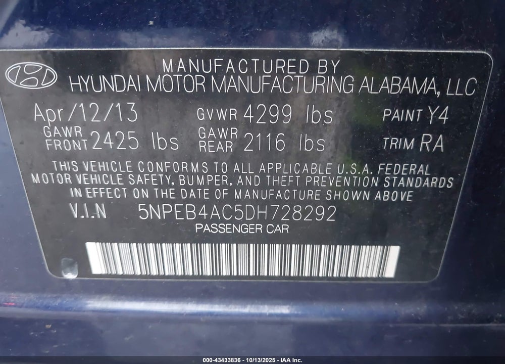 2013 HYUNDAI SONATA GLS VIN: 5NPEB4AC5DH728292