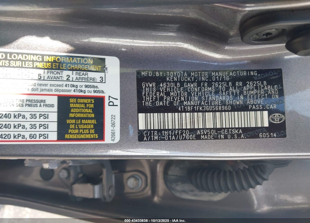 2016 TOYOTA CAMRY SE VIN: 4T1BF1FK3GU568960
