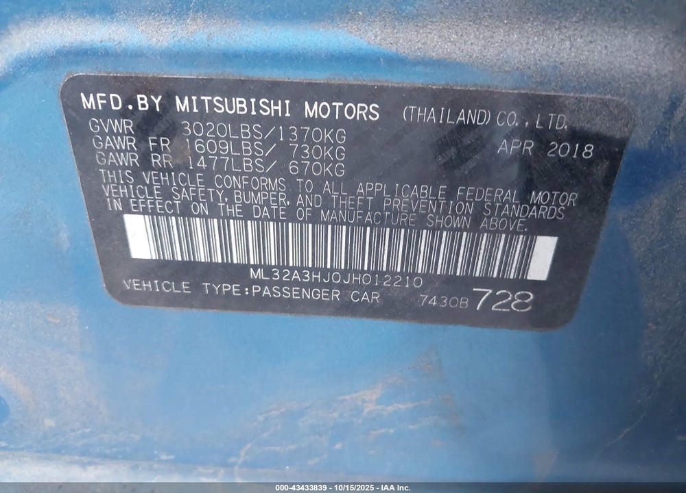 2018 MITSUBISHI MIRAGE ES VIN: ML32A3HJ0JH012210