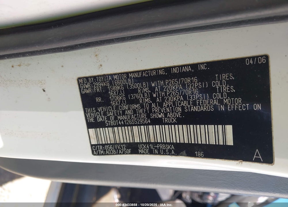 2006 TOYOTA TUNDRA SR5 V8 VIN: 5TBDT44126S529564