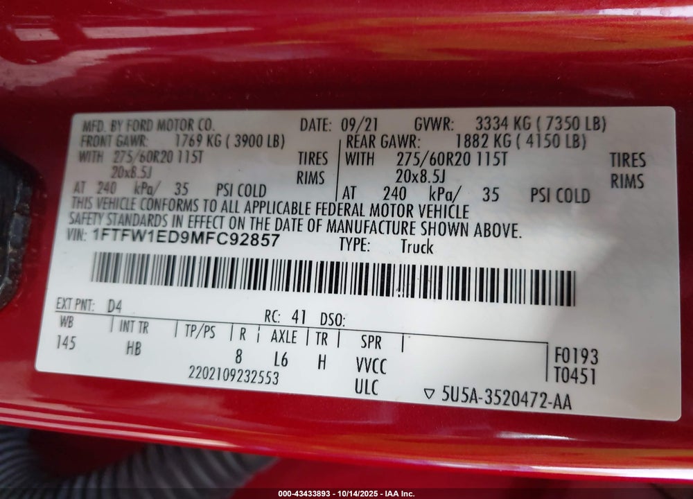 2021 FORD F-150 LARIAT VIN: 1FTFW1ED9MFC92857