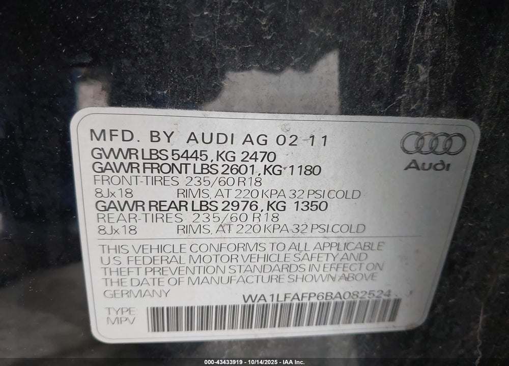 2011 AUDI Q5 2.0T PREMIUM VIN: WA1LFAFP6BA082524