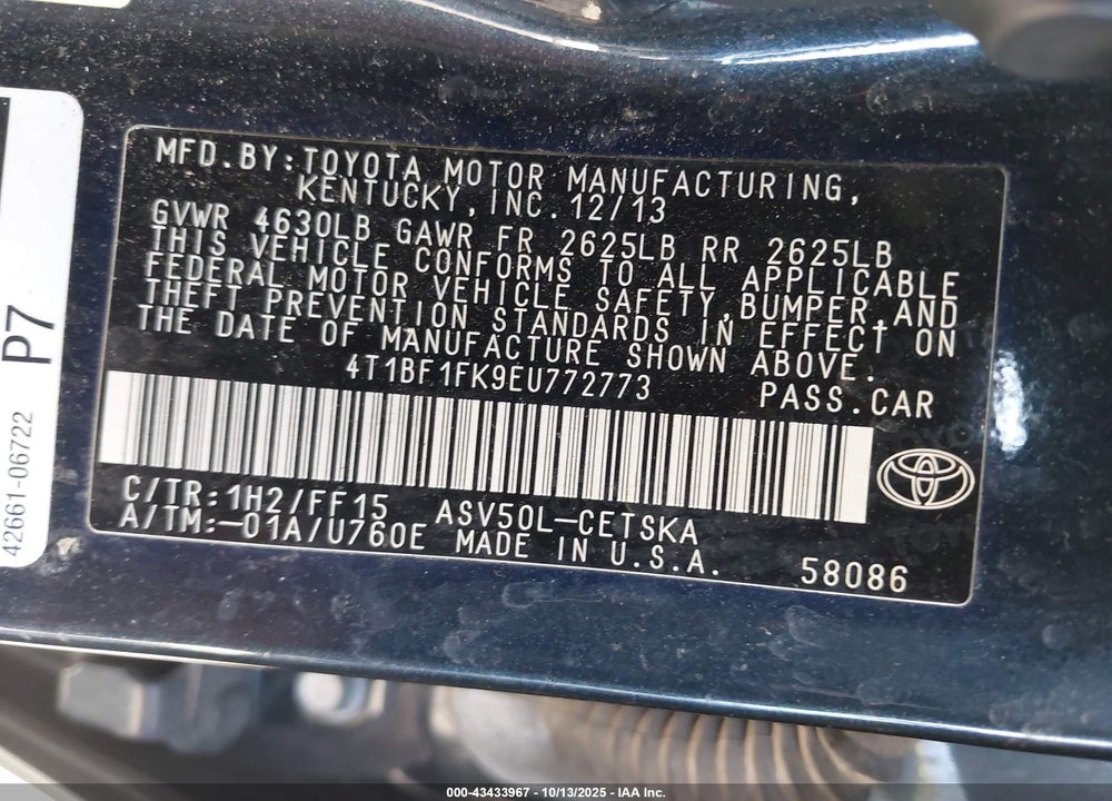 2014 TOYOTA CAMRY SE VIN: 4T1BF1FK9EU772773