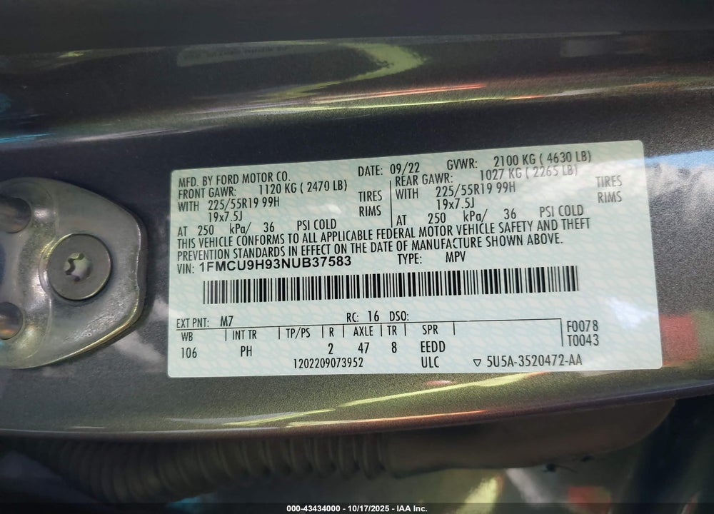 2022 FORD ESCAPE SEL VIN: 1FMCU9H93NUB37583
