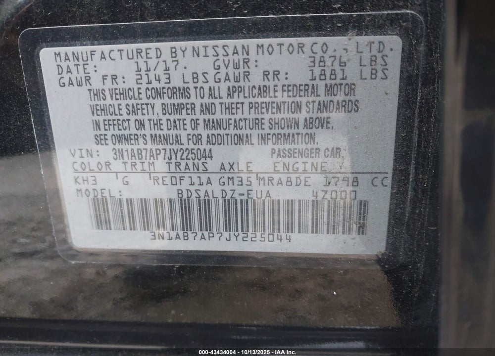 2018 NISSAN SENTRA SV VIN: 3N1AB7AP7JY225044