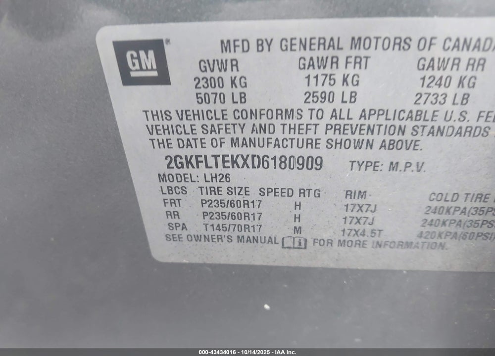 2013 GMC TERRAIN VIN: 2GKFLTEKXD6180909