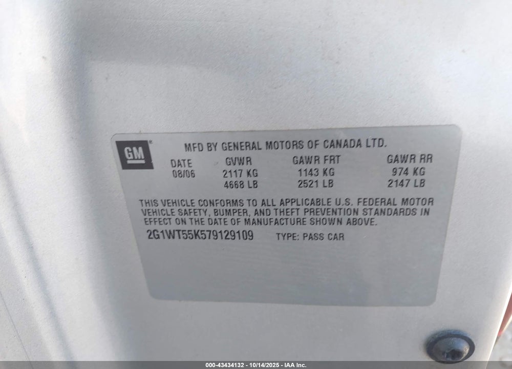 2007 CHEVROLET IMPALA LT VIN: 2G1WT55K579129109