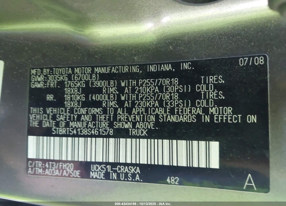 2008 TOYOTA TUNDRA VIN: 5TBRT54138S461578