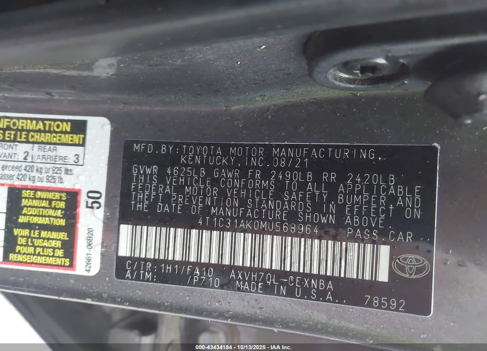 2021 TOYOTA CAMRY LE HYBRID VIN: 4T1C31AK0MU568964