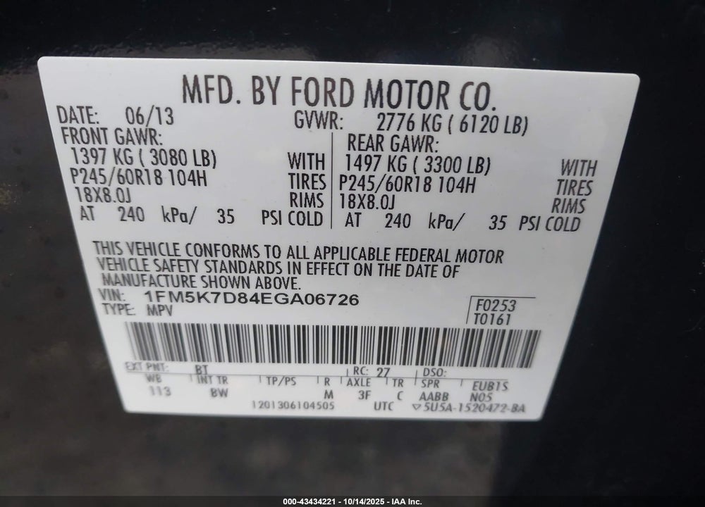 2014 FORD EXPLORER XLT VIN: 1FM5K7D84EGA06726
