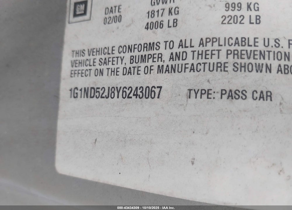 2000 CHEVROLET MALIBU VIN: 1G1ND52J8Y6243067