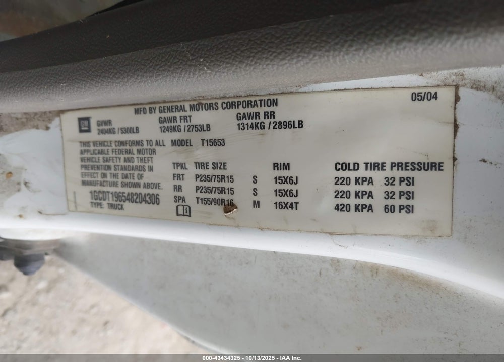 2004 CHEVROLET COLORADO VIN: 1GCDT196548204306
