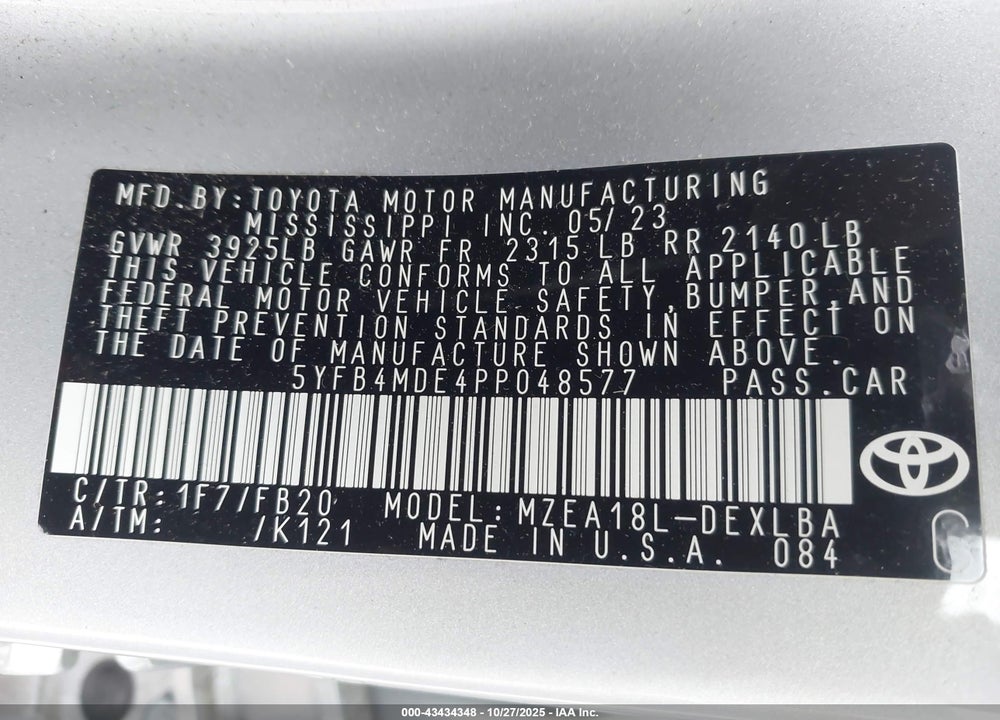 2023 TOYOTA COROLLA LE VIN: 5YFB4MDE4PP048577