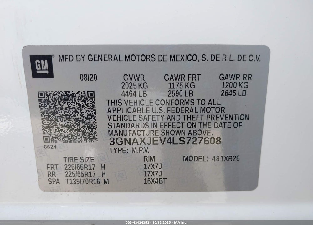 2020 CHEVROLET EQUINOX VIN: 3GNAXJEV4LS727608