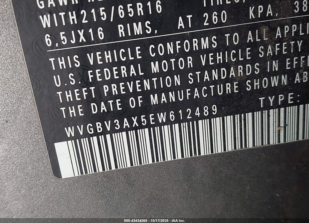 2014 VOLKSWAGEN TIGUAN S VIN: WVGBV3AX5EW612489