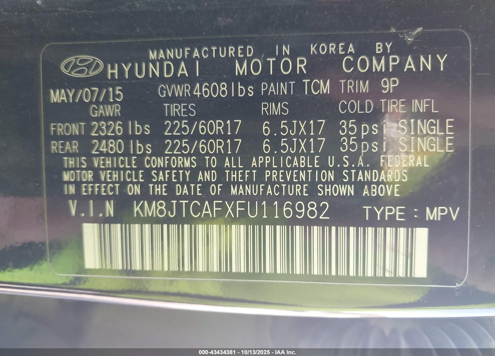 2015 HYUNDAI TUCSON GLS VIN: KM8JTCAFXFU116982