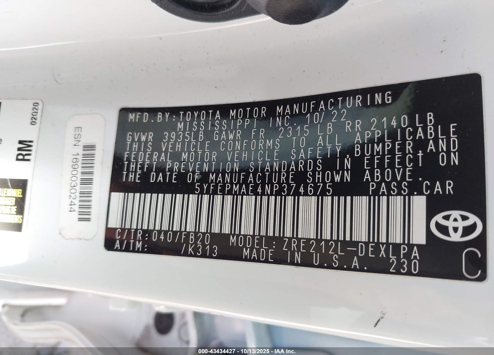 2022 TOYOTA COROLLA LE VIN: 5YFEPMAE4NP374675
