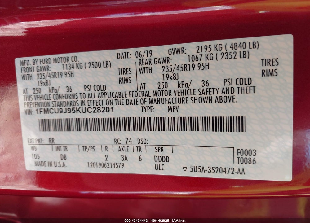 2019 FORD ESCAPE TITANIUM VIN: 1FMCU9J95KUC28201