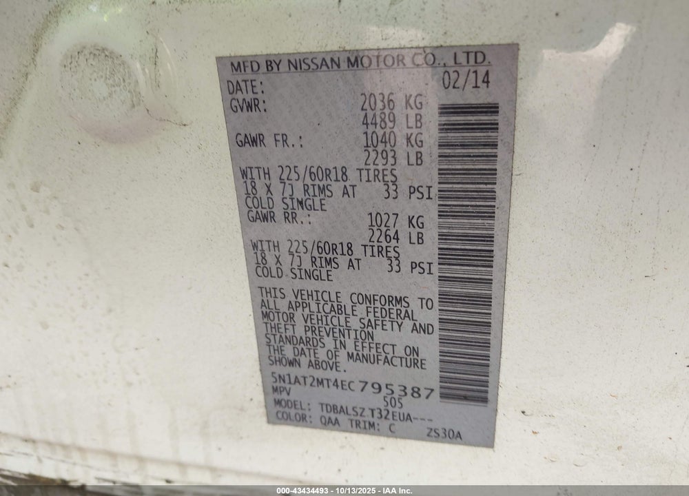 2014 NISSAN ROGUE VIN: 5N1AT2MT4EC795387