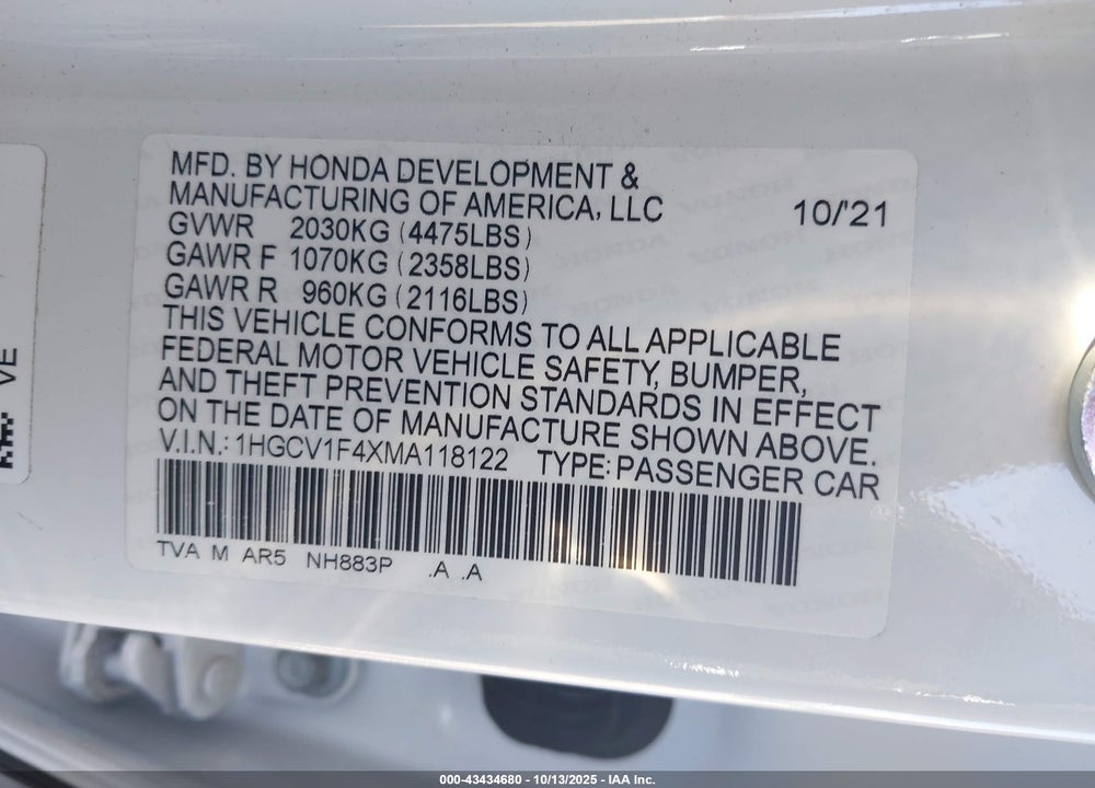 2021 HONDA ACCORD SPORT SPECIAL EDITION VIN: 1HGCV1F4XMA118122