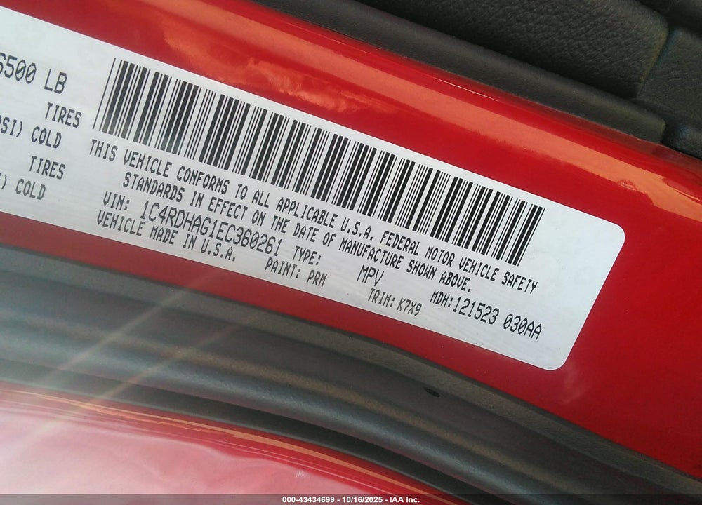 2014 DODGE DURANGO VIN: 1C4RDHAG1EC360261