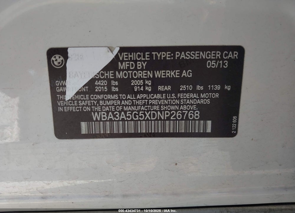 2013 BMW 328I VIN: WBA3A5G5XDNP26768