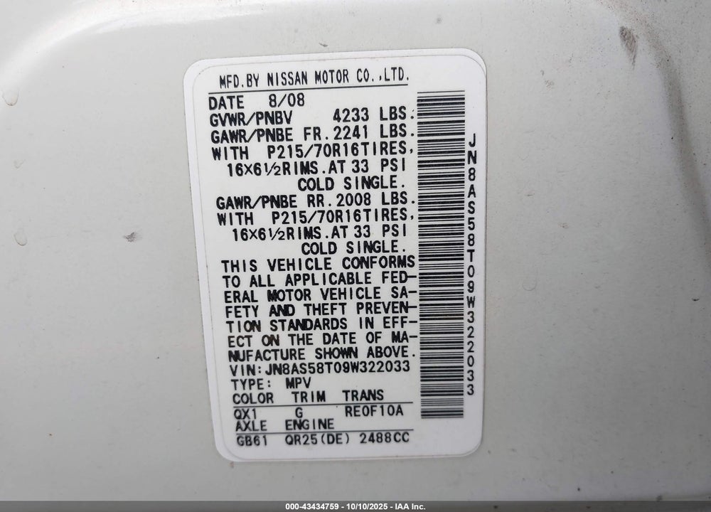 2009 NISSAN ROGUE SPORT VIN: JN8AS58T09W322033