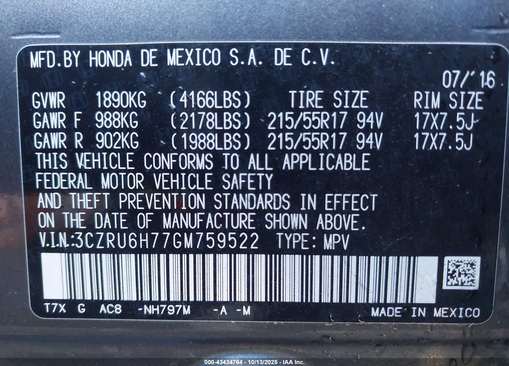 2016 HONDA HR-V VIN: 3CZRU6H77GM759522