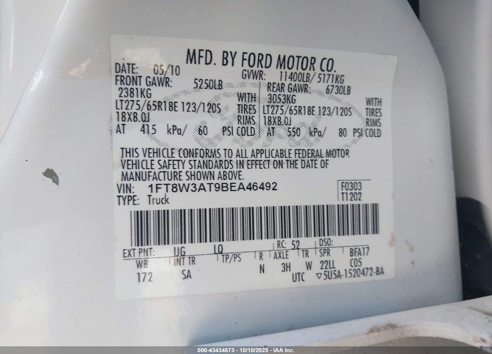 2011 FORD F-350 LARIAT VIN: 1FT8W3AT9BEA46492
