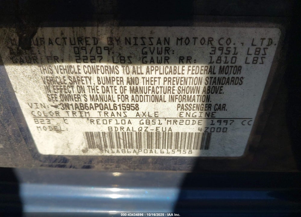 2010 NISSAN SENTRA 2.0 VIN: 3N1AB6AP0AL615958