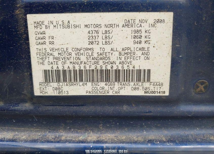 2009 MITSUBISHI GALANT ES/SPORT EDITION VIN: 4A3AB36F29E036541
