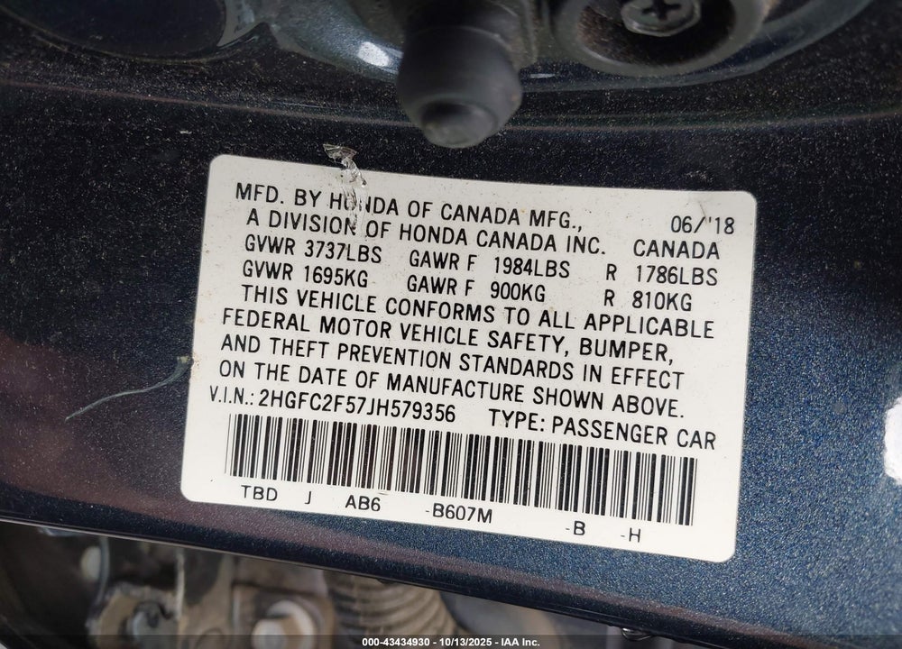 2018 HONDA CIVIC VIN: 2HGFC2F57JH579356