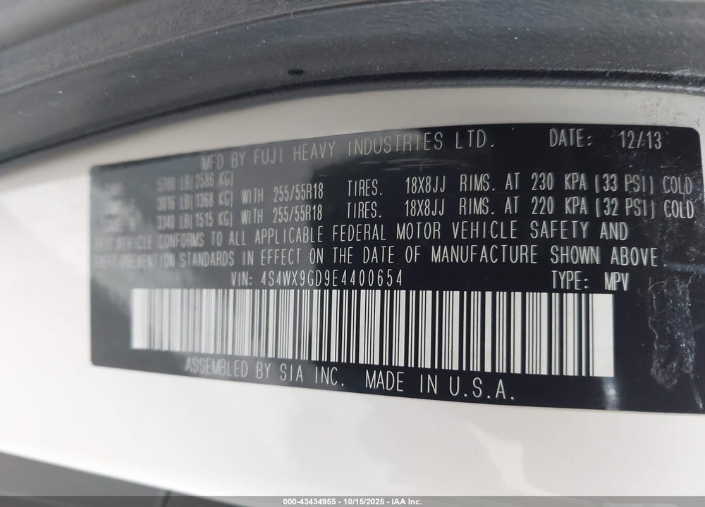 2014 SUBARU TRIBECA 3.6R LIMITED VIN: 4S4WX9GD9E4400654