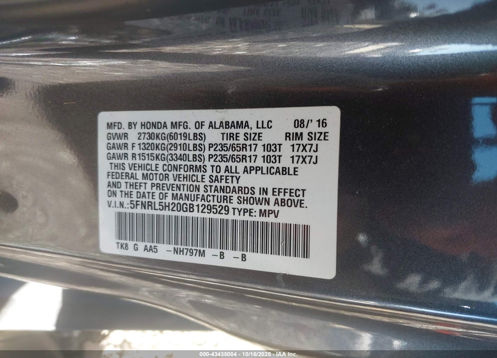 2016 HONDA ODYSSEY LX VIN: 5FNRL5H20GB129529
