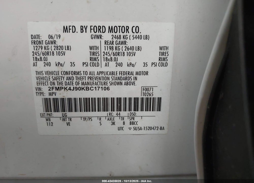 2019 FORD EDGE VIN: 2FMPK4J90KBC17106