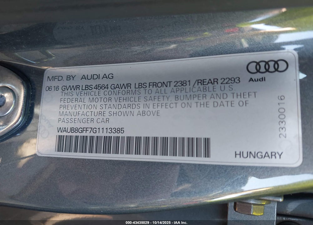 2016 AUDI A3 2.0T PREMIUM VIN: WAUB8GFF7G1113385