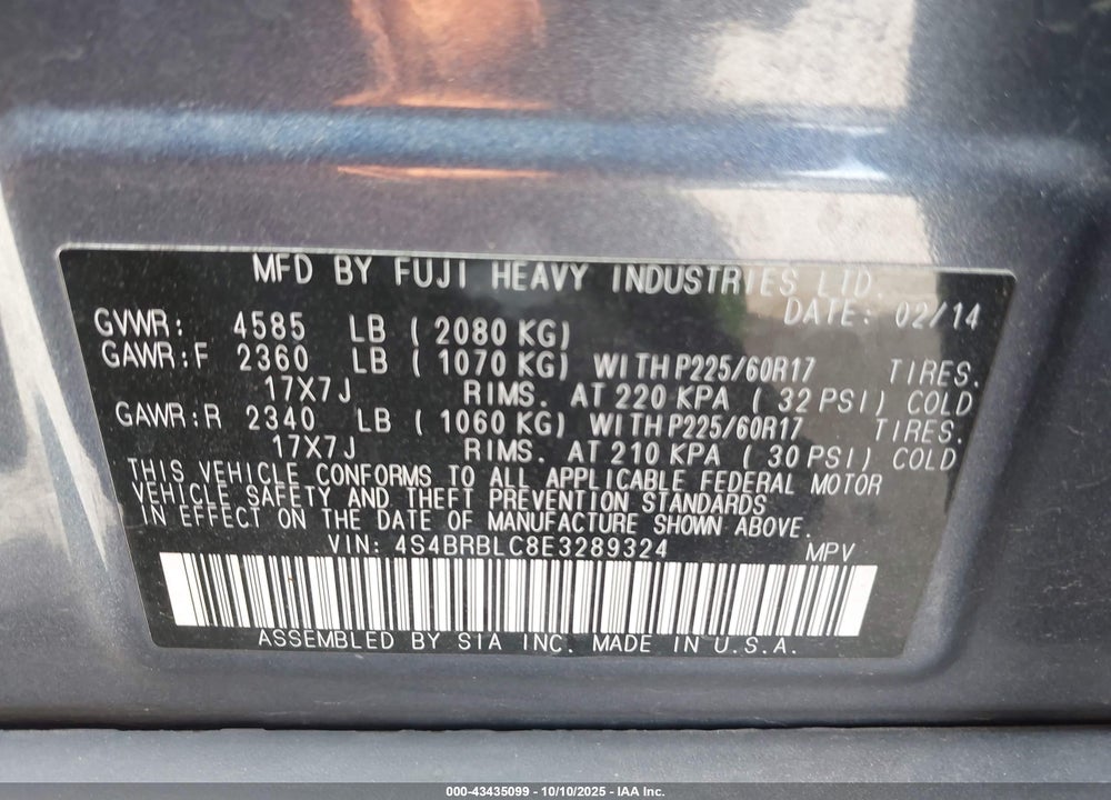 2014 SUBARU OUTBACK VIN: 4S4BRBLC8E3289324