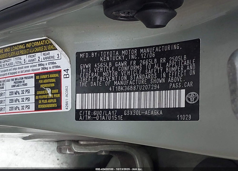 2007 TOYOTA AVALON XLS VIN: 4T1BK36B87U207294