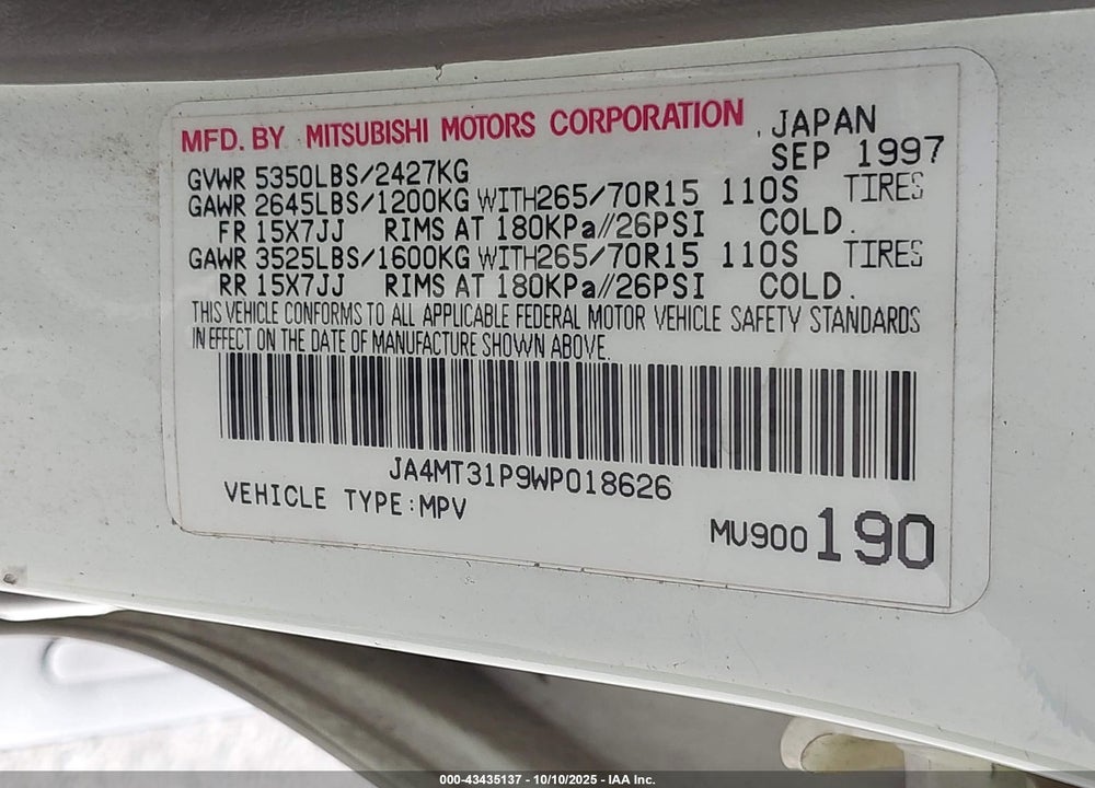 1998 MITSUBISHI MONTERO SPORT LS VIN: JA4MT31P9WP018626