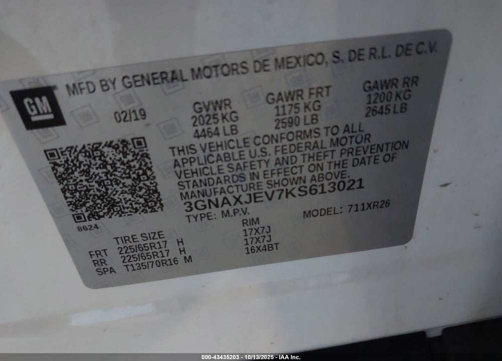 2019 CHEVROLET EQUINOX VIN: 3GNAXJEV7KS613021