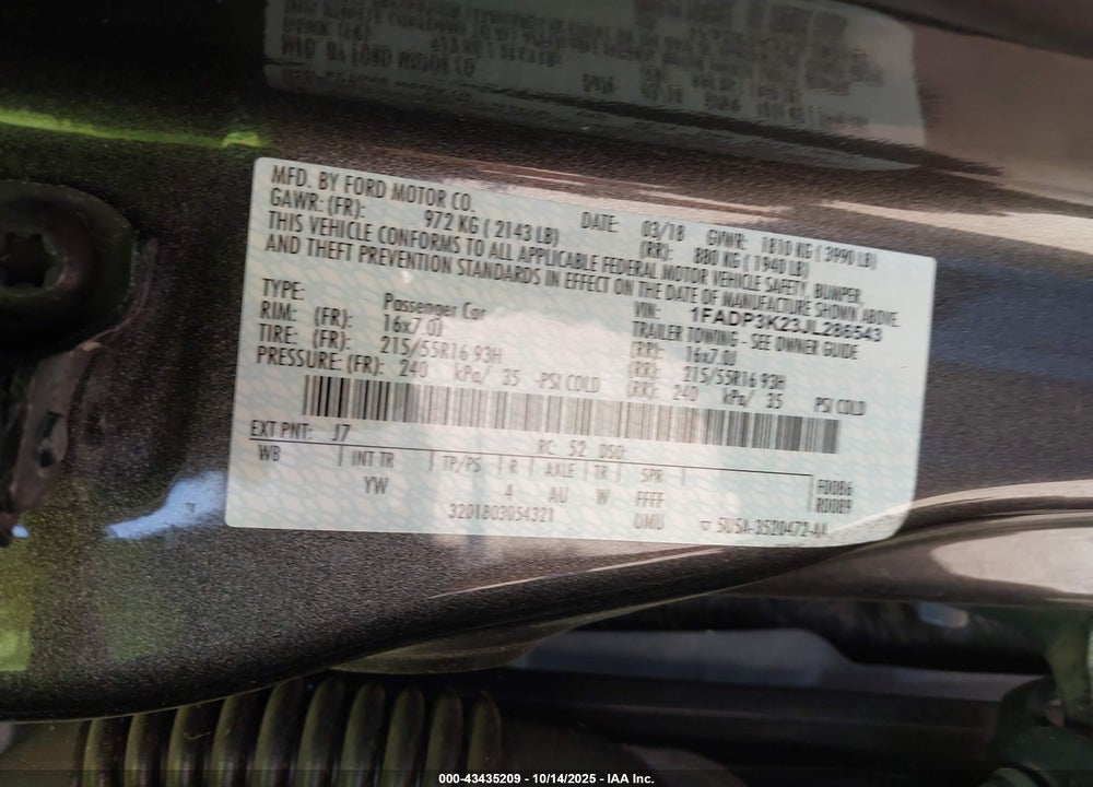 2018 FORD FOCUS VIN: 1FADP3K23JL286543