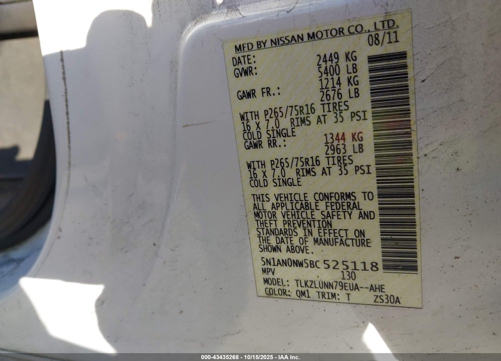 2011 NISSAN XTERRA PRO - 4X VIN: 5N1AN0NW5BC525118