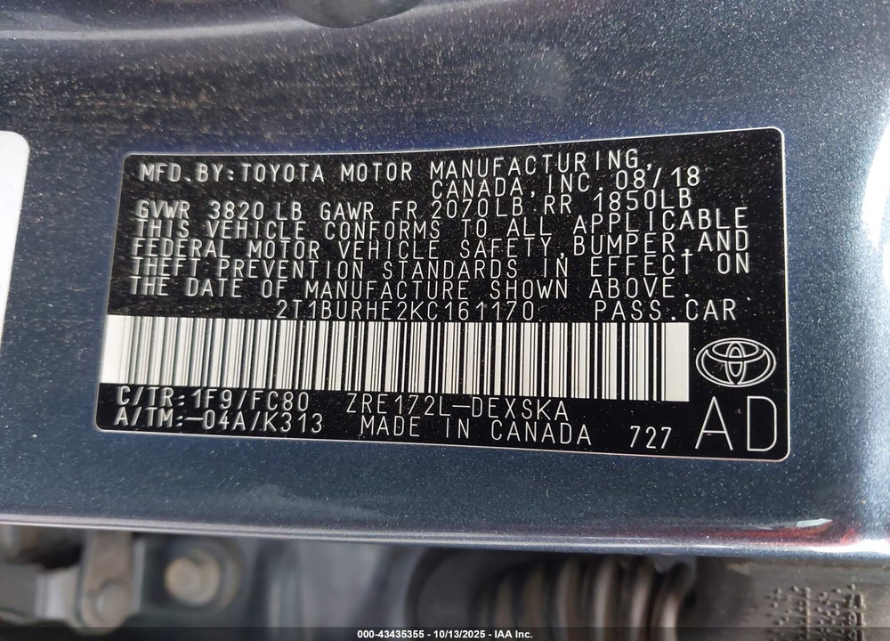 2019 TOYOTA COROLLA SE VIN: 2T1BURHE2KC161170