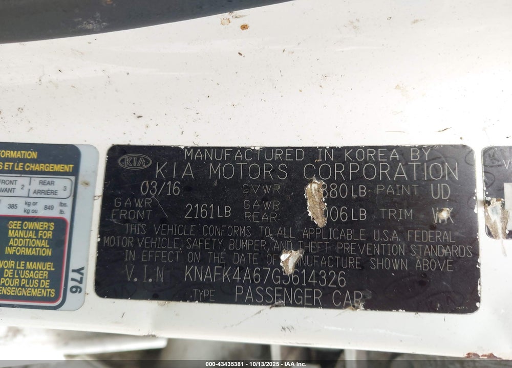 2016 KIA FORTE VIN: KNAFK4A67G5614326